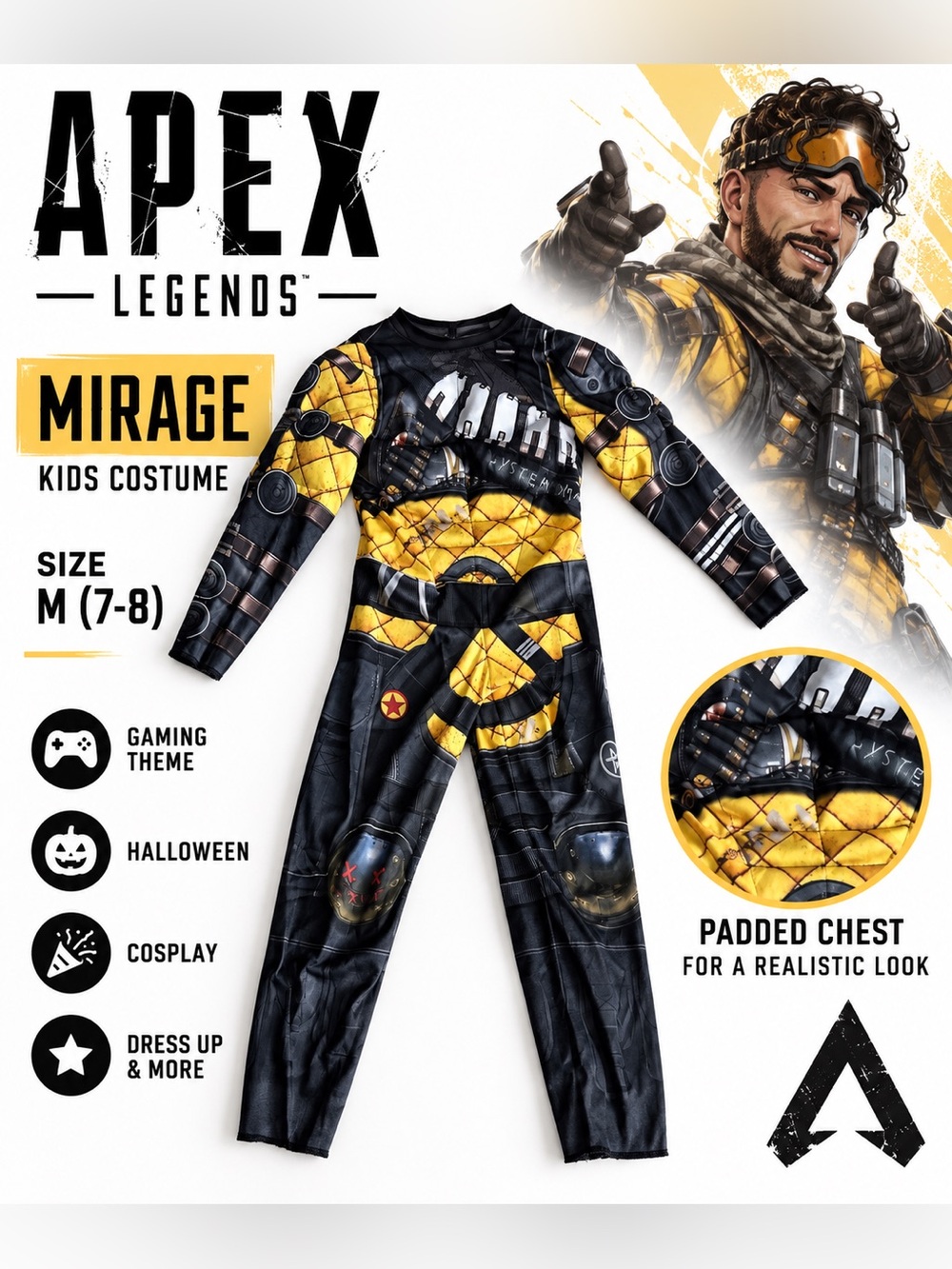 Apex Legends Mirage Kids Costume Size M 7-8 Padded Jumpsuit Halloween Gaming